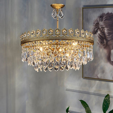 French Light Luxury Tiered Gold Crown Raindrop Crystal Pendant Chandelier for Living / dining Room