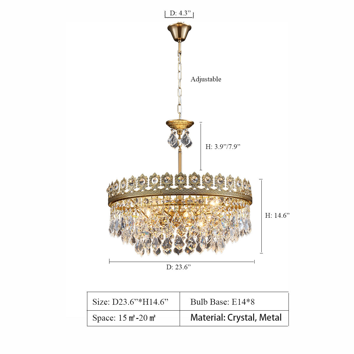 French Light Luxury Tiered Gold Crown Raindrop Crystal Pendant Chandelier for Living / dining Room
