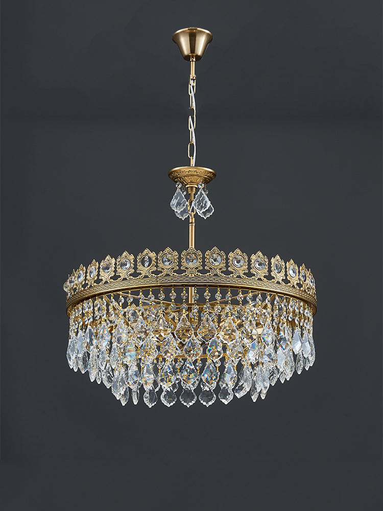 French Light Luxury Tiered Gold Crown Raindrop Crystal Pendant Chandelier for Living / dining Room