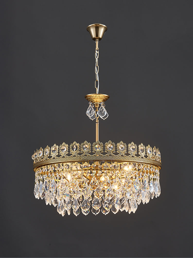 French Light Luxury Tiered Gold Crown Raindrop Crystal Pendant Chandelier for Living / dining Room