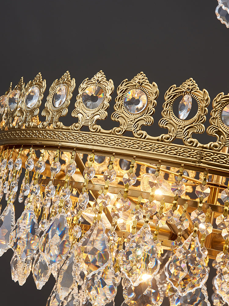 French Light Luxury Tiered Gold Crown Raindrop Crystal Pendant Chandelier for Living / dining Room