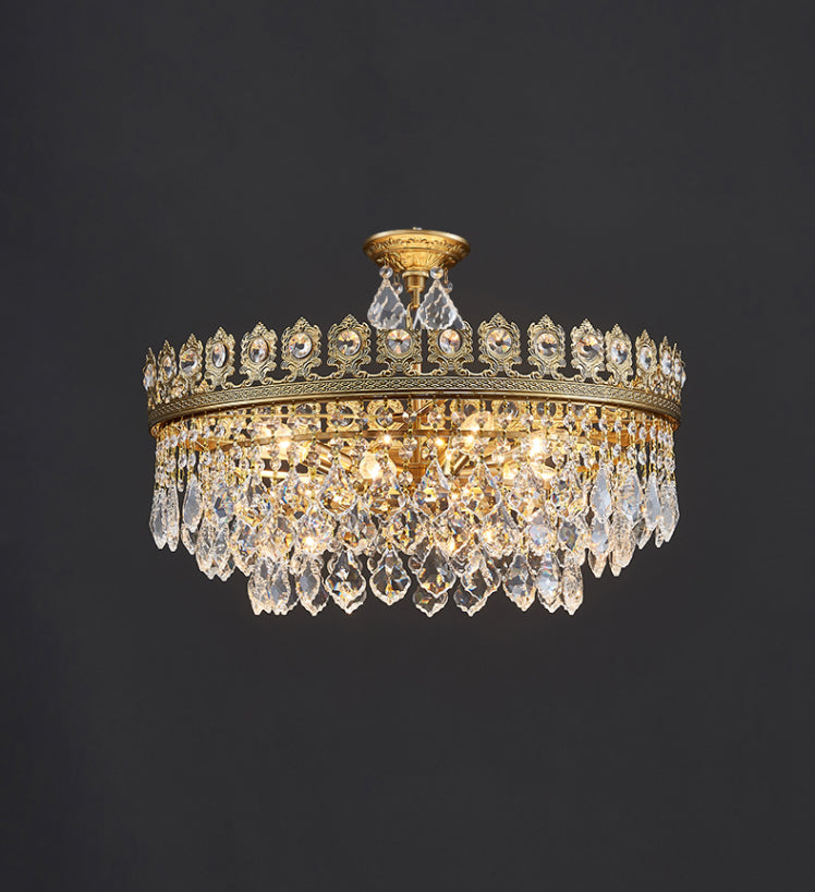 French Light Luxury Tiered Gold Crown Raindrop Crystal Pendant Chandelier for Living / dining Room