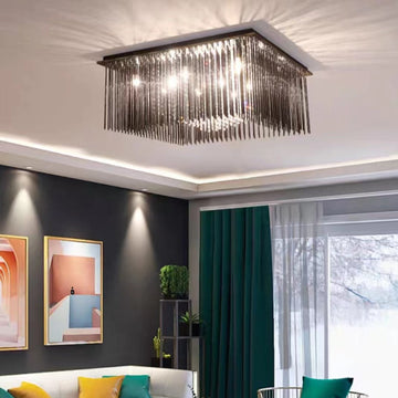 Modern Black Glass Tassel Crystal Pendant Flush Mount Chandelier for Living Room / bedroom / study