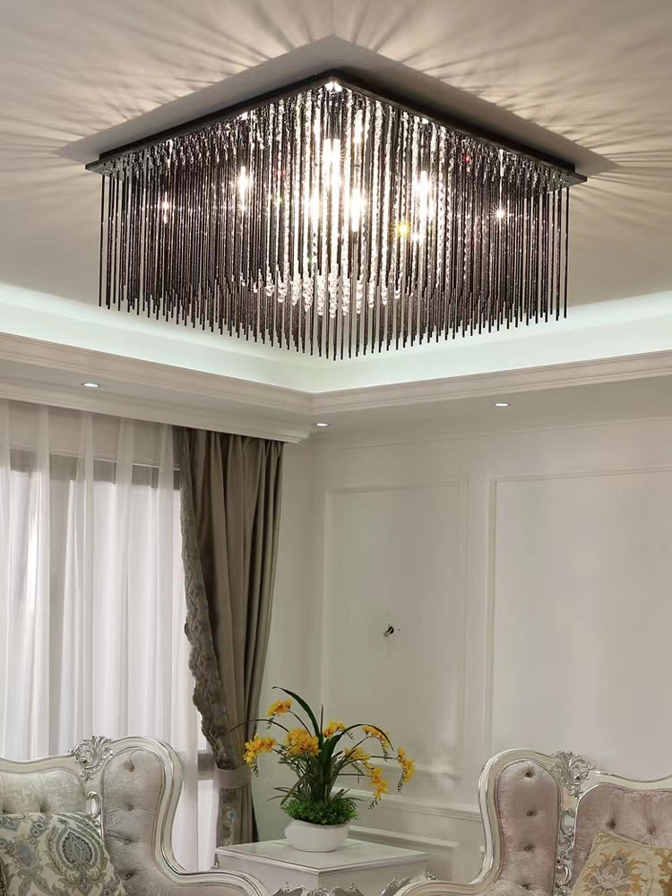 Modern Black Glass Tassel Crystal Pendant Flush Mount Chandelier for Living Room / bedroom / study