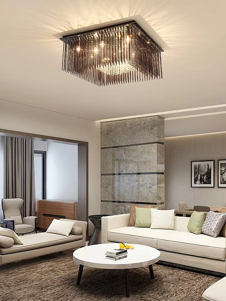 Modern Black Glass Tassel Crystal Pendant Flush Mount Chandelier for Living Room / bedroom / study