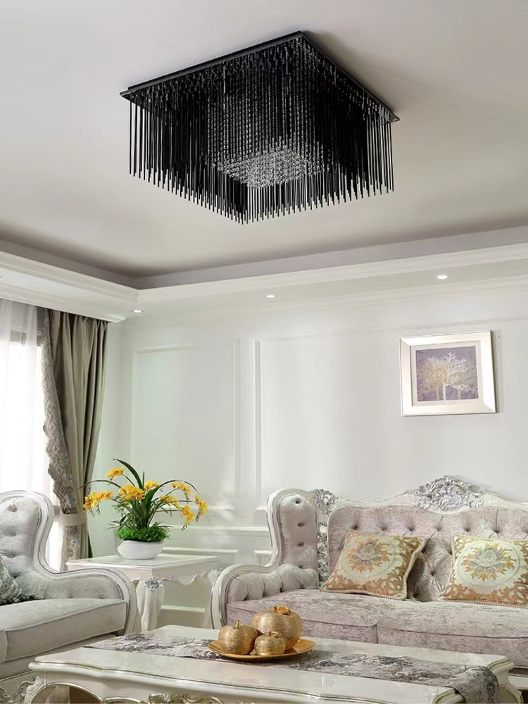 Modern Black Glass Tassel Crystal Pendant Flush Mount Chandelier for Living Room / bedroom / study