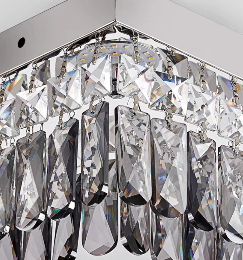 Oversize Modern Flush Mount Chandelier with Mirrored Stainless Steel and Crystal Pendants, Square &