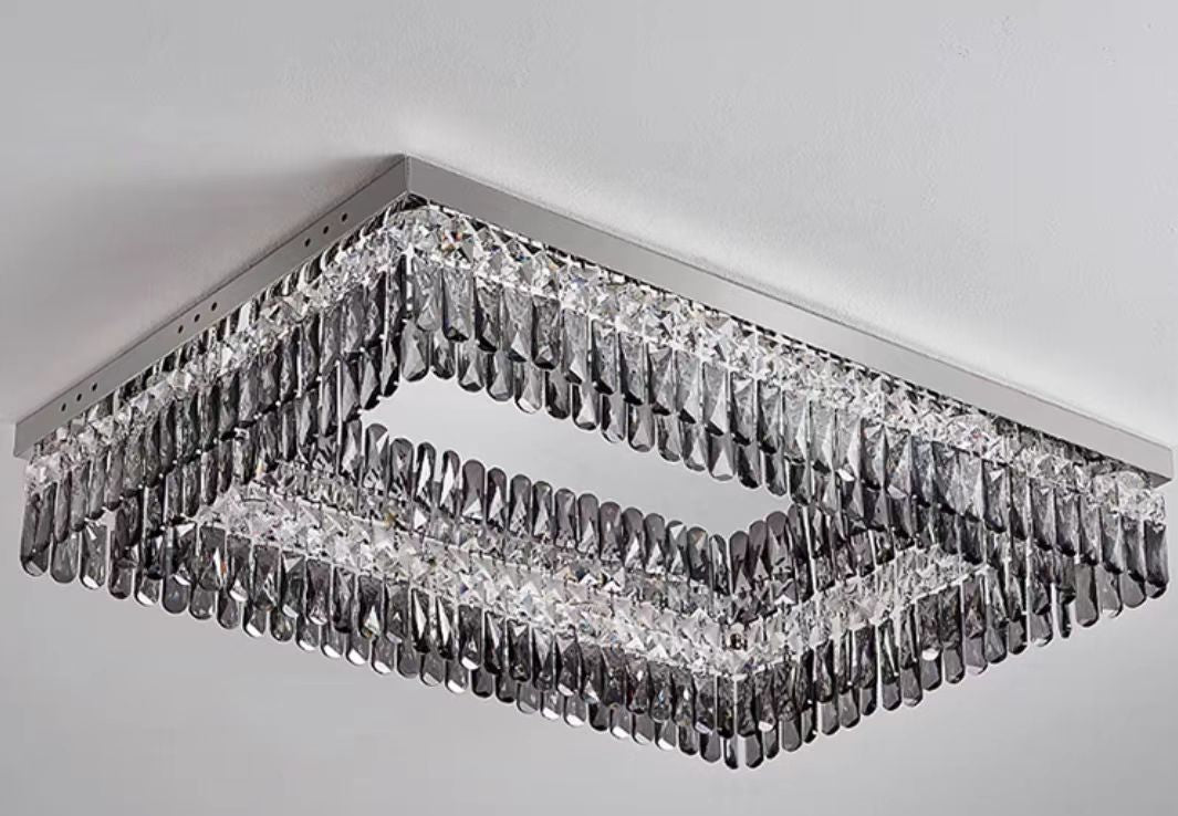 Oversize Modern Flush Mount Chandelier with Mirrored Stainless Steel and Crystal Pendants, Square &