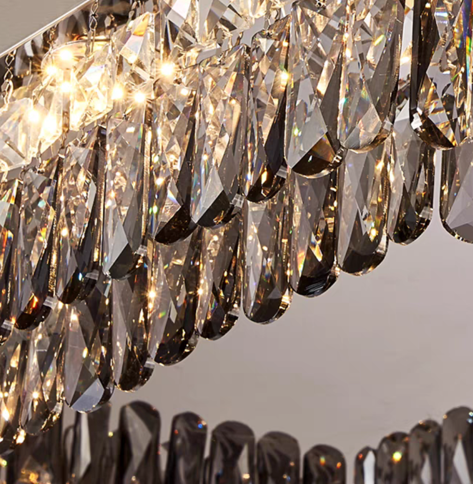 Oversize Modern Flush Mount Chandelier with Mirrored Stainless Steel and Crystal Pendants, Square &