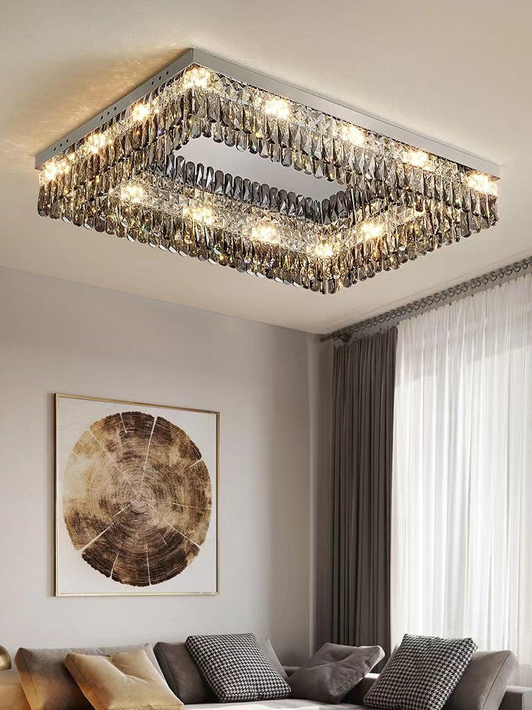 Oversize Modern Flush Mount Chandelier with Mirrored Stainless Steel and Crystal Pendants, Square &