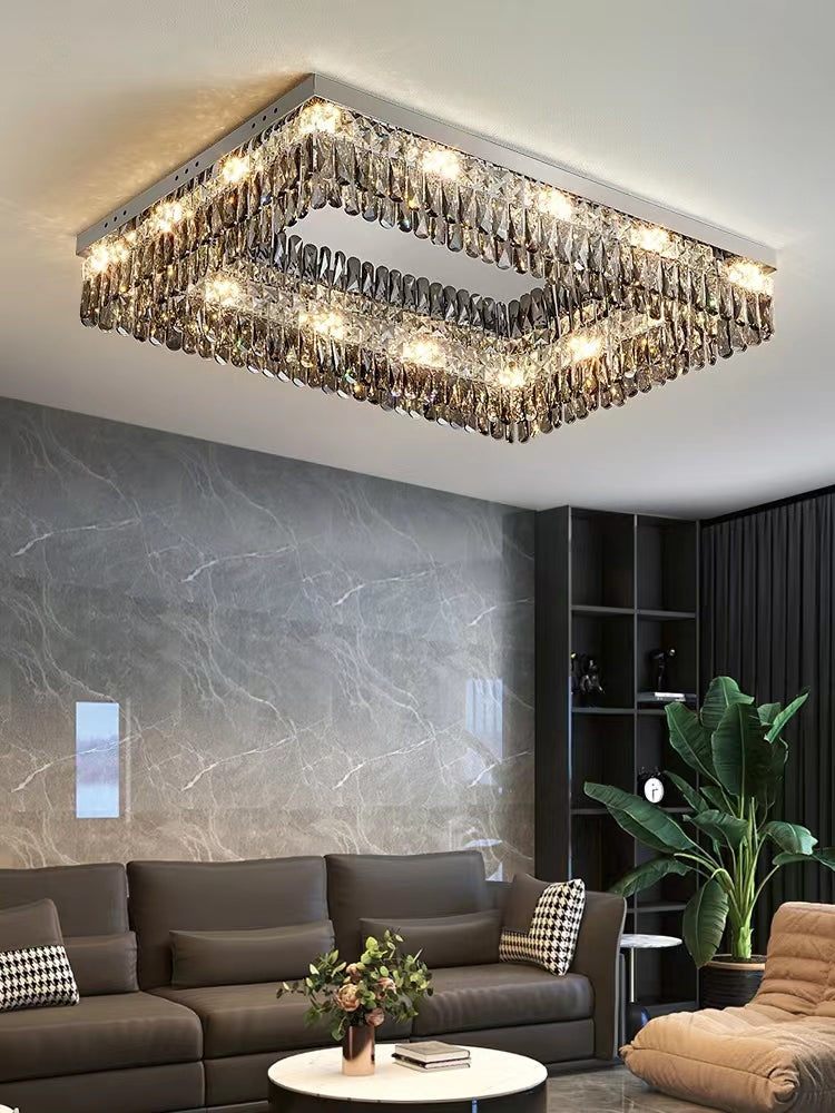 Oversize Modern Flush Mount Chandelier with Mirrored Stainless Steel and Crystal Pendants, Square &