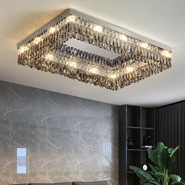 Oversize Modern Flush Mount Chandelier with Mirrored Stainless Steel and Crystal Pendants, Square &