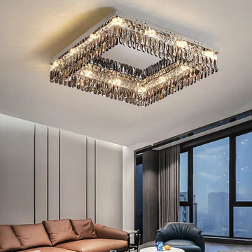 Oversize Modern Flush Mount Chandelier with Mirrored Stainless Steel and Crystal Pendants, Square &