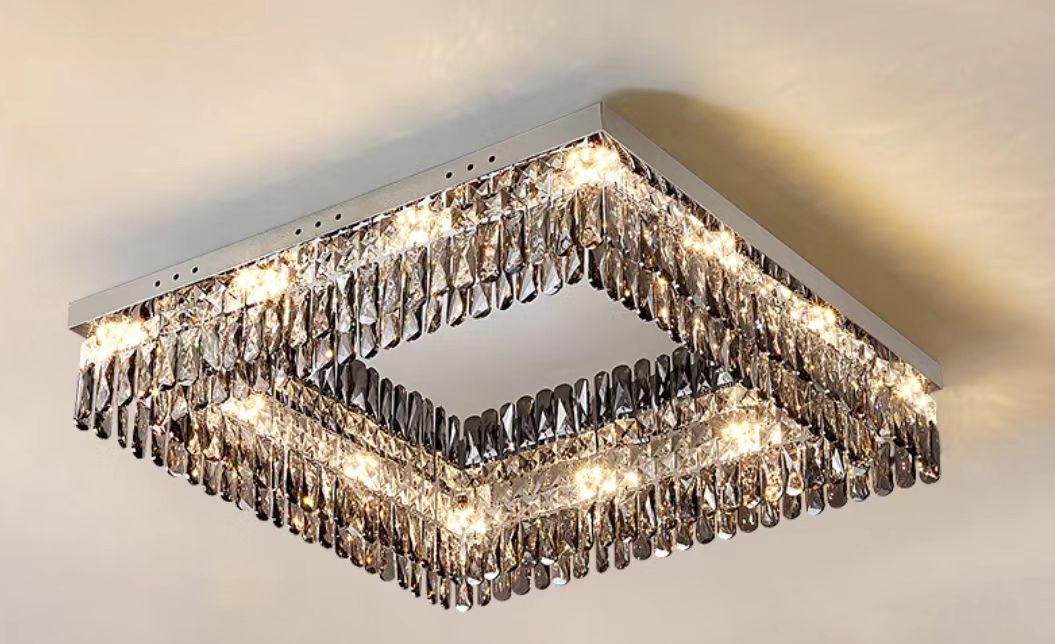 Oversize Modern Flush Mount Chandelier with Mirrored Stainless Steel and Crystal Pendants, Square &