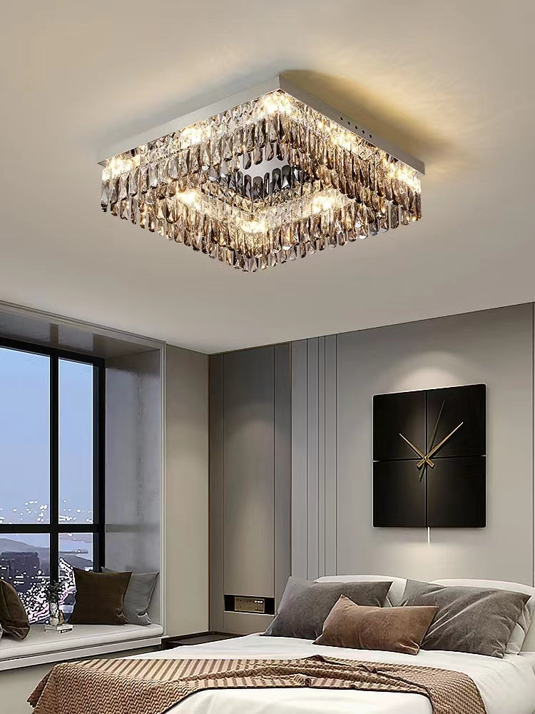Oversize Modern Flush Mount Chandelier with Mirrored Stainless Steel and Crystal Pendants, Square &