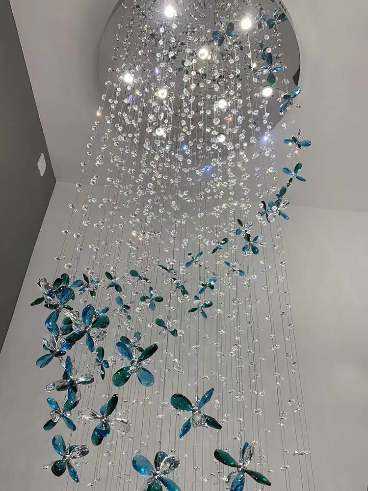 Extra Large Creative Luxury Petal Crystal Pendant Long Chandelier for Foyer / staircase / entrance Dining Hall