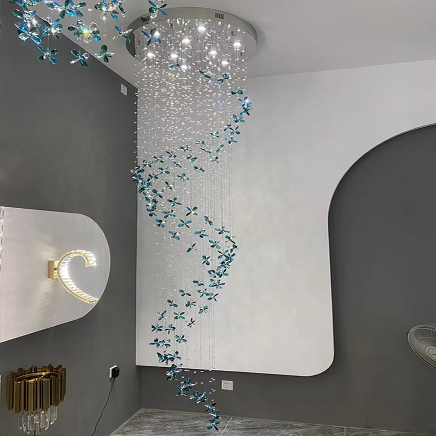 Extra Large Creative Luxury Petal Crystal Pendant Long Chandelier for Foyer / staircase / entrance Dining Hall