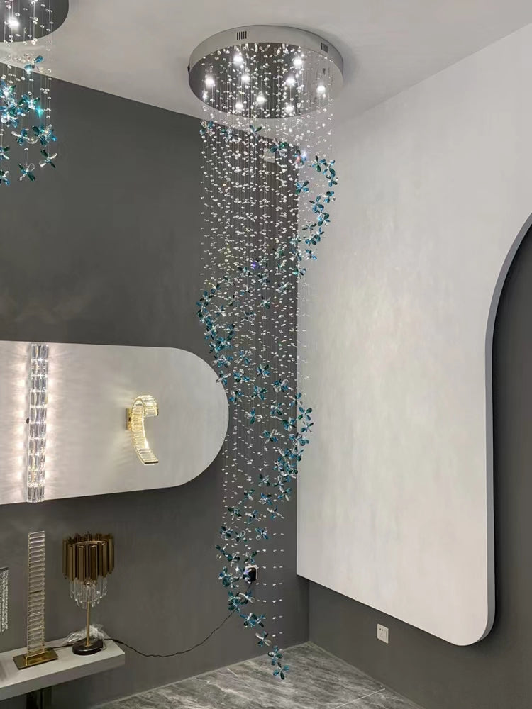 Extra Large Creative Luxury Petal Crystal Pendant Long Chandelier for Foyer / staircase / entrance Dining Hall