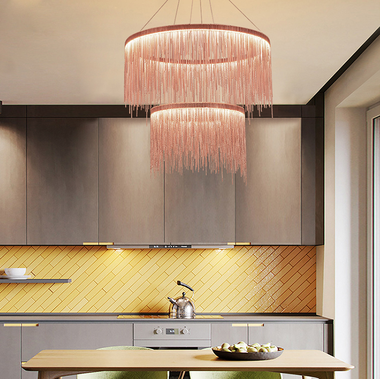 Extra Large Round Aluminum Tassel Chain Chandelier with Modern Finish for Living and Dining Room