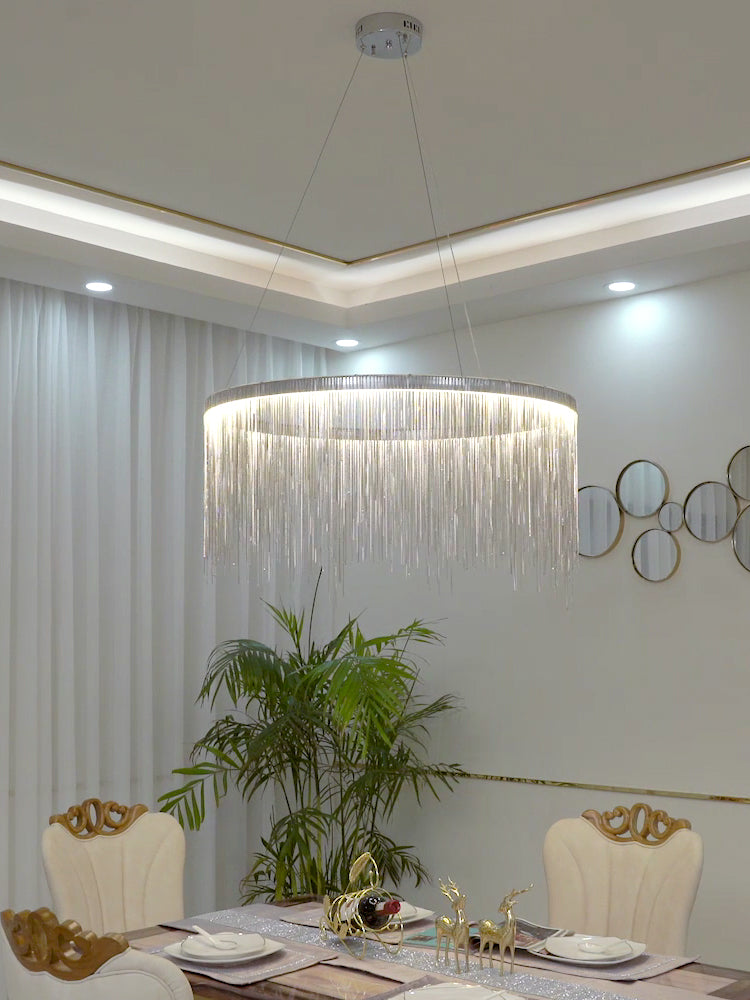 Extra Large Round Aluminum Tassel Chain Chandelier with Modern Finish for Living and Dining Room
