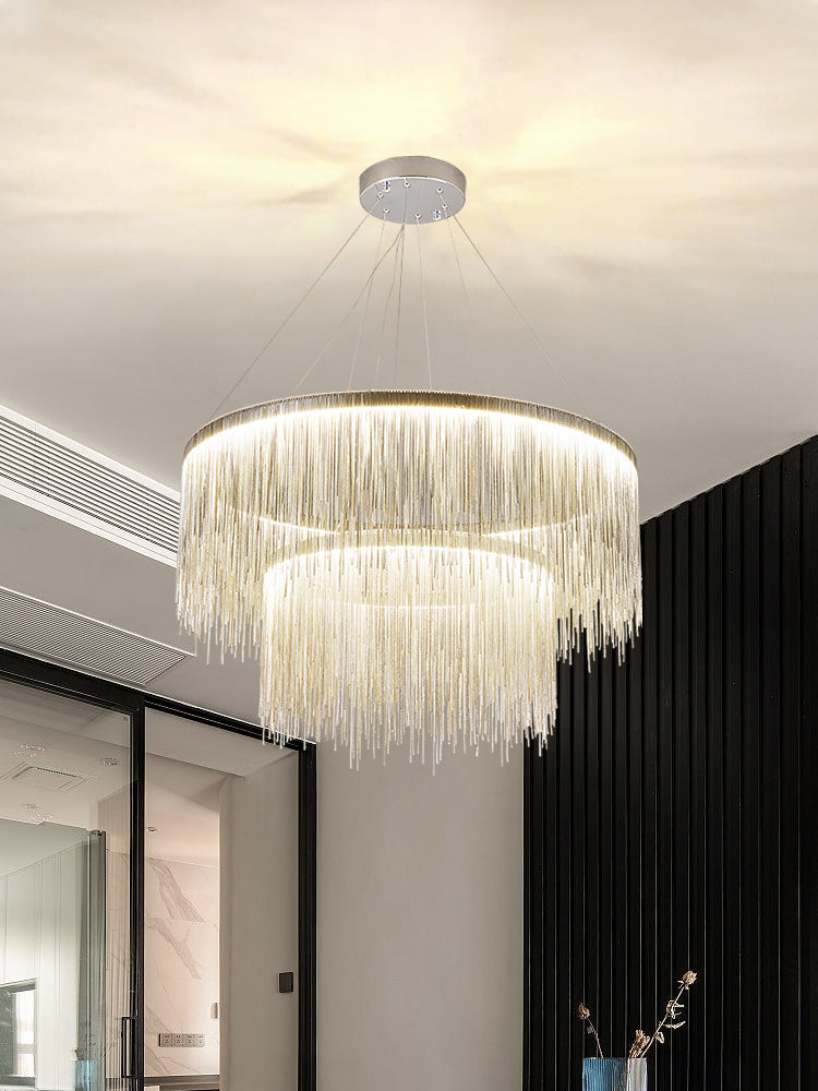Extra Large Round Aluminum Tassel Chain Chandelier with Modern Finish for Living and Dining Room