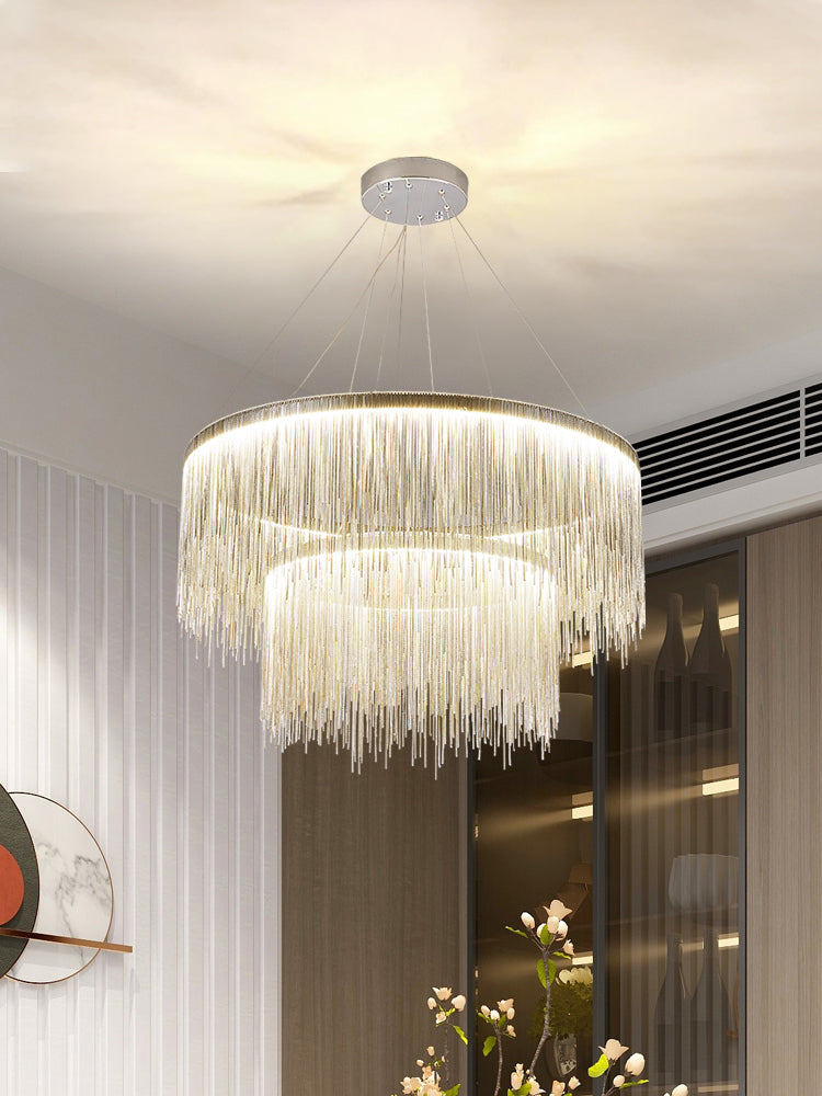 Extra Large Round Aluminum Tassel Chain Chandelier with Modern Finish for Living and Dining Room
