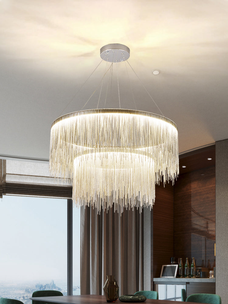 Extra Large Round Aluminum Tassel Chain Chandelier with Modern Finish for Living and Dining Room
