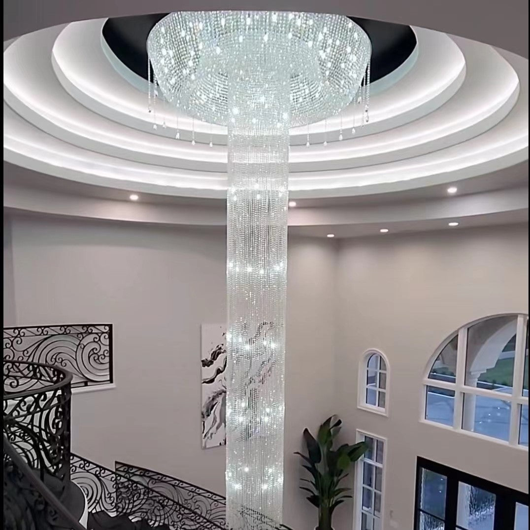 Extra Large Round Silver Flush Mount Luxury K9 Crystal Waterfall Chandelier for High-Ceiling Living Room