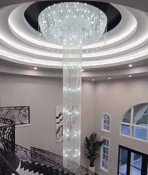 Extra Large Round Silver Flush Mount Luxury K9 Crystal Waterfall Chandelier for High-Ceiling Living Room