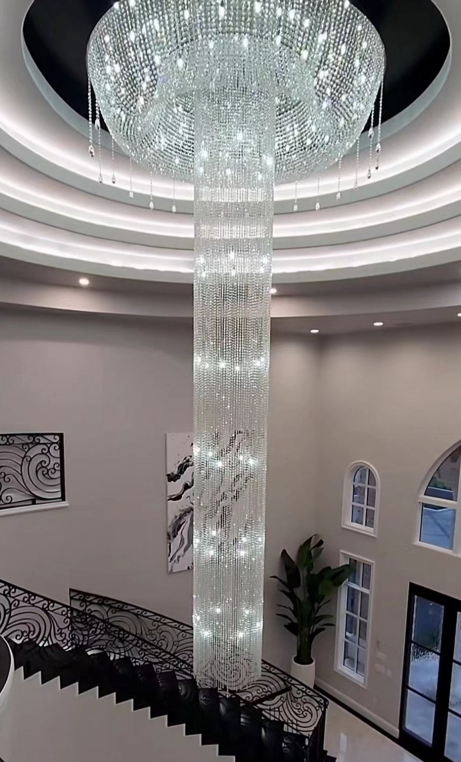 Extra Large Round Silver Flush Mount Luxury K9 Crystal Waterfall Chandelier for High-Ceiling Living Room