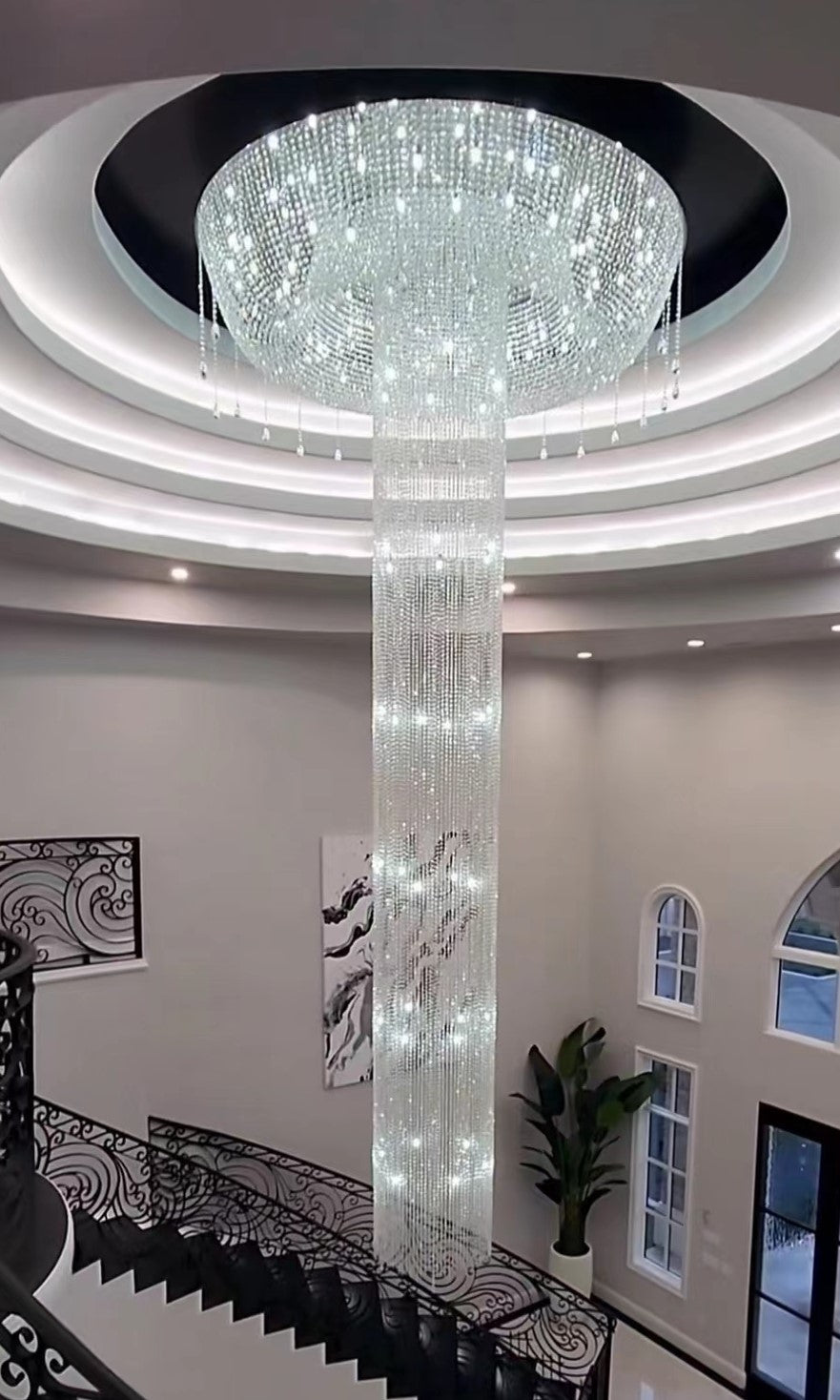 Extra Large Round Silver Flush Mount Luxury K9 Crystal Waterfall Chandelier for High-Ceiling Living Room