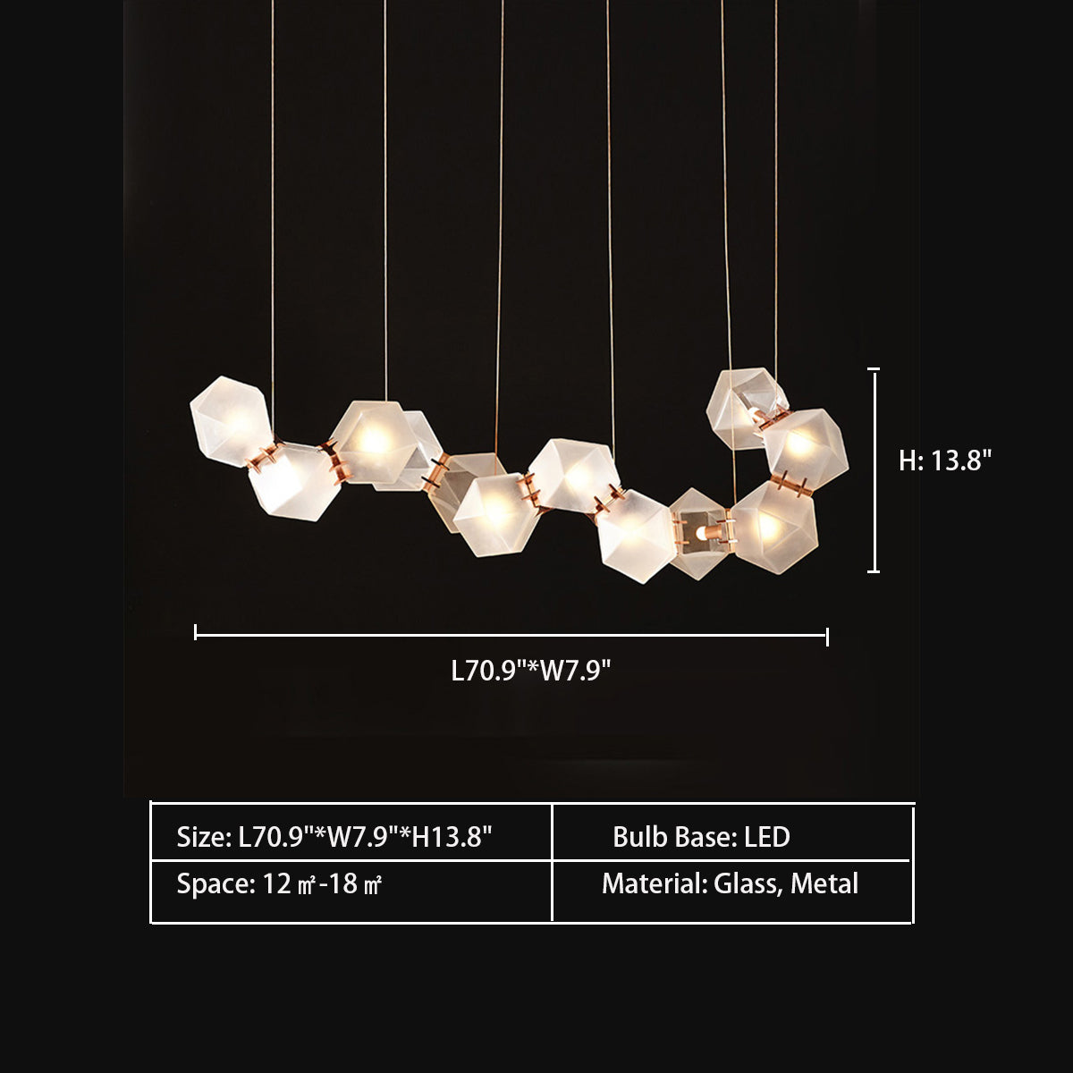 Modern Glass and Metal Multi-Facet Diamond Cluster Chandelier for Dining Room and Kitchen Island