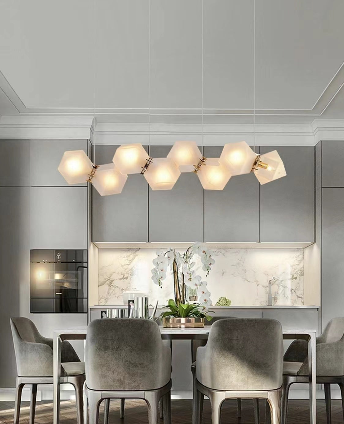 Modern Glass and Metal Multi-Facet Diamond Cluster Chandelier for Dining Room and Kitchen Island