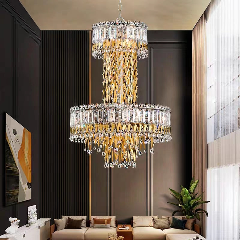Modern Luxury 2 Layers Crystal Rod Gold Leaves Pendant Light for Living Room / bedroom