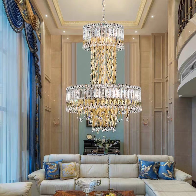 Modern Luxury 2 Layers Crystal Rod Gold Leaves Pendant Light for Living Room / bedroom