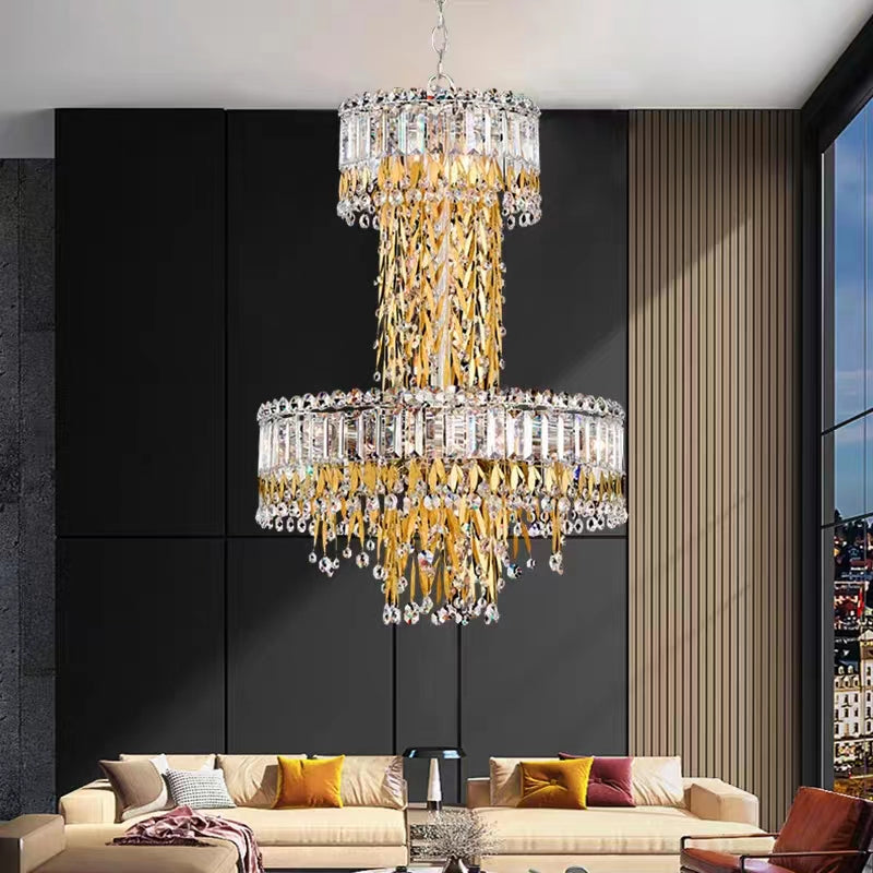 Modern Luxury 2 Layers Crystal Rod Gold Leaves Pendant Light for Living Room / bedroom