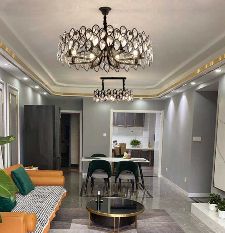 Modern Black Chandelier with Leaf-Shaped Crystal Suit for Living & Dining Room