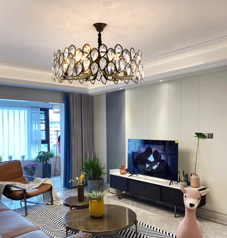 Modern Black Chandelier with Leaf-Shaped Crystal Suit for Living & Dining Room
