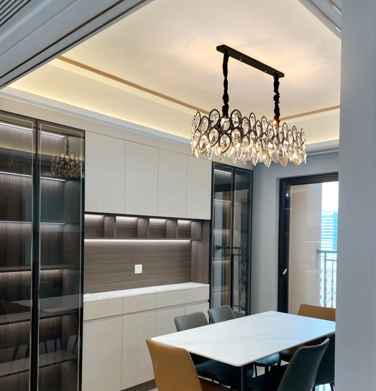 Modern Black Chandelier with Leaf-Shaped Crystal Suit for Living & Dining Room