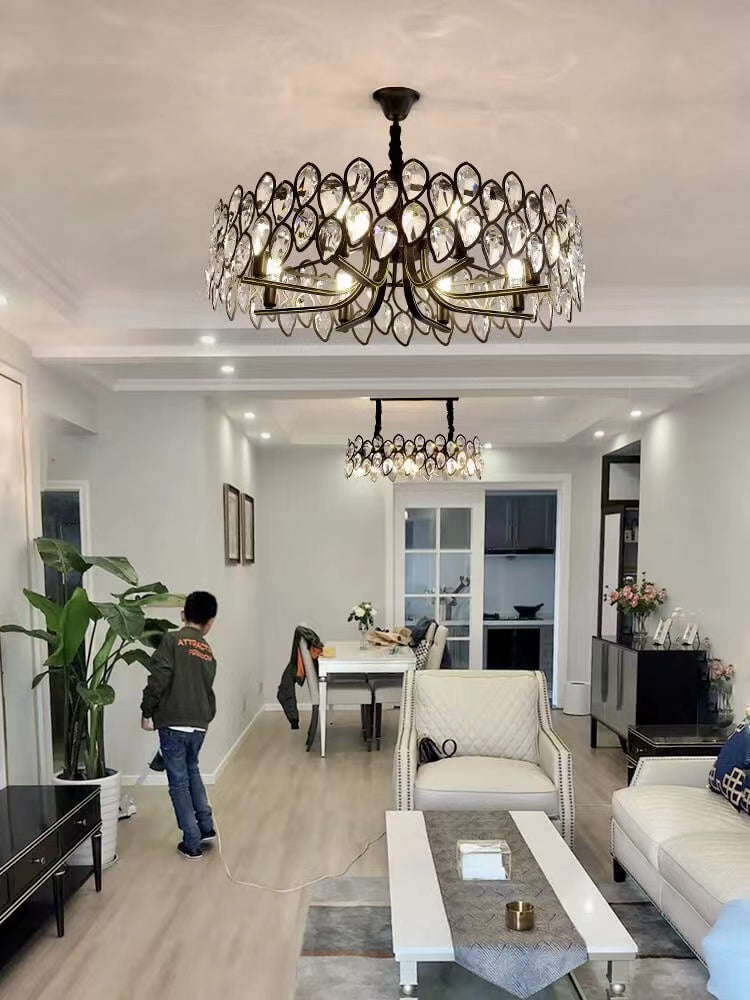 Modern Black Chandelier with Leaf-Shaped Crystal Suit for Living & Dining Room