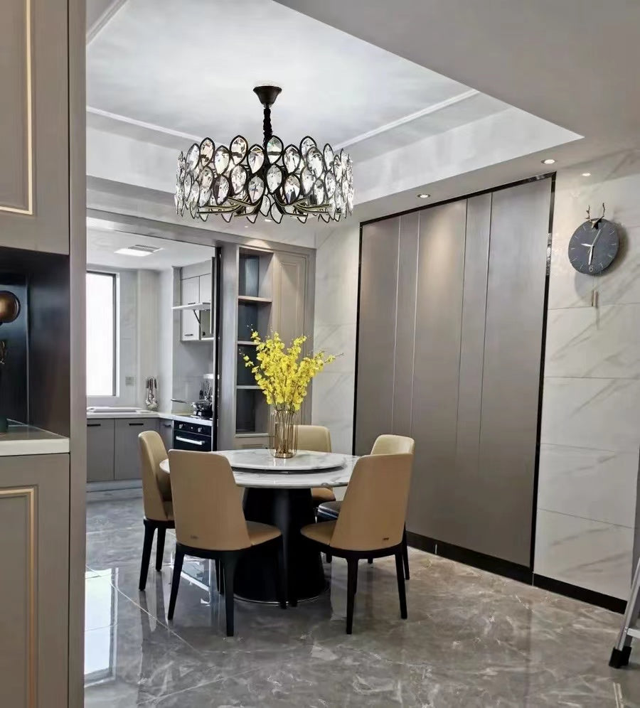 Modern Black Chandelier with Leaf-Shaped Crystal Suit for Living & Dining Room