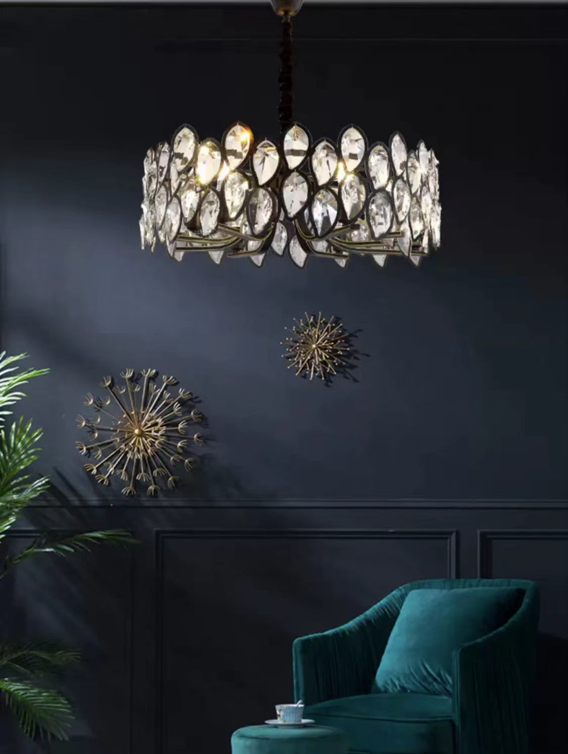Modern Black Chandelier with Leaf-Shaped Crystal Suit for Living & Dining Room