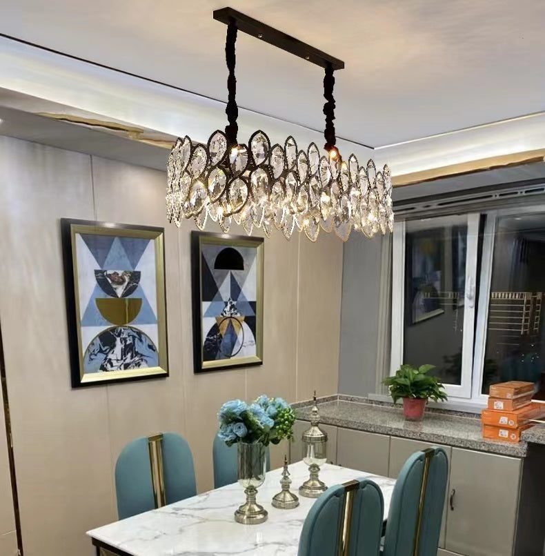 Modern Black Chandelier with Leaf-Shaped Crystal Suit for Living & Dining Room