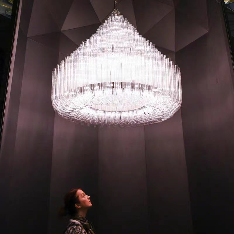 Extra Large Round Modern Chandelier with Clear Glass Tubes and Silver Metal Finish for Living Room Hotel Lobby