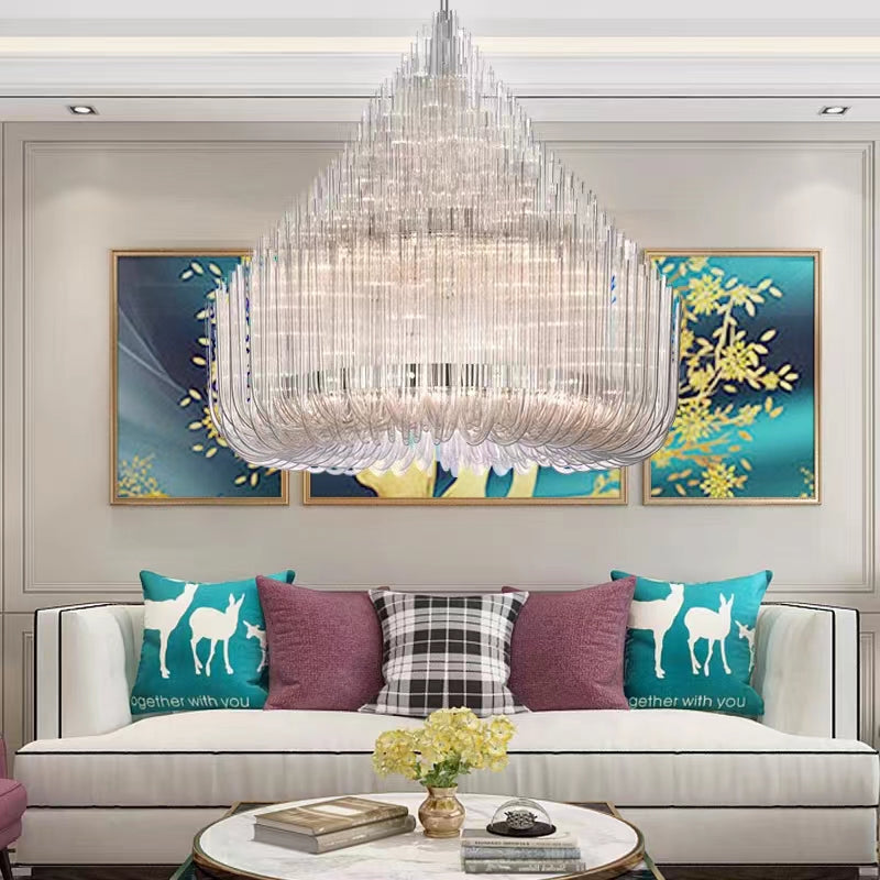Extra Large Round Modern Chandelier with Clear Glass Tubes and Silver Metal Finish for Living Room Hotel Lobby