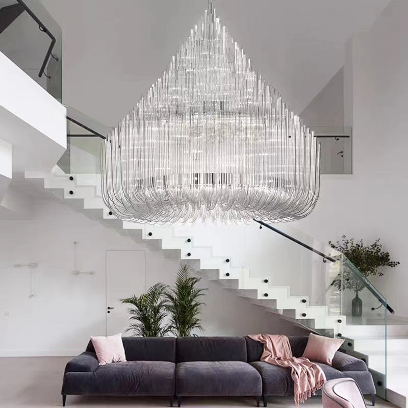 Extra Large Round Modern Chandelier with Clear Glass Tubes and Silver Metal Finish for Living Room Hotel Lobby