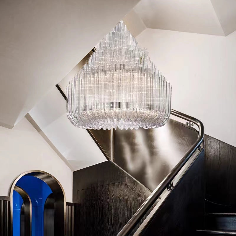 Extra Large Round Modern Chandelier with Clear Glass Tubes and Silver Metal Finish for Living Room Hotel Lobby