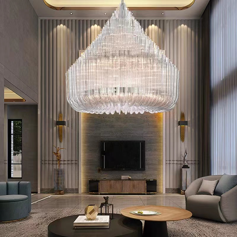 Extra Large Round Modern Chandelier with Clear Glass Tubes and Silver Metal Finish for Living Room Hotel Lobby