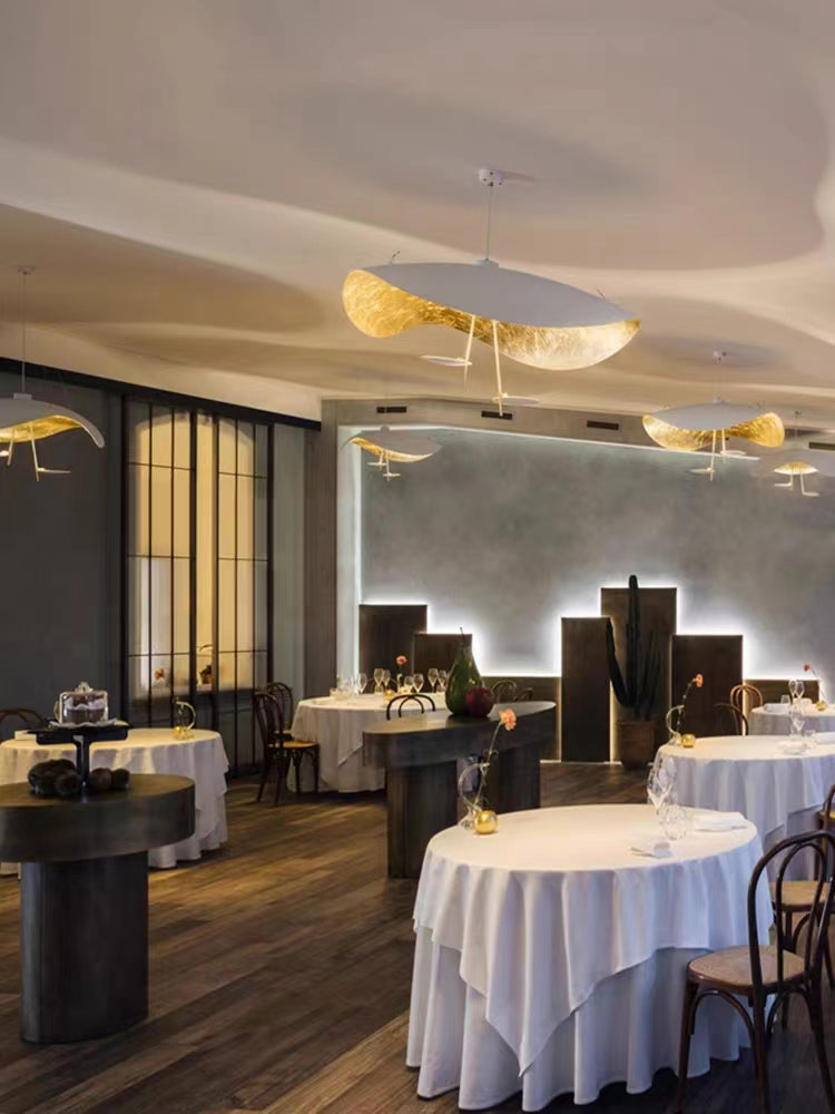 Modern Art Hat-Shaped Gold Leaf Metal Pendant Chandelier for Living and Dining Room