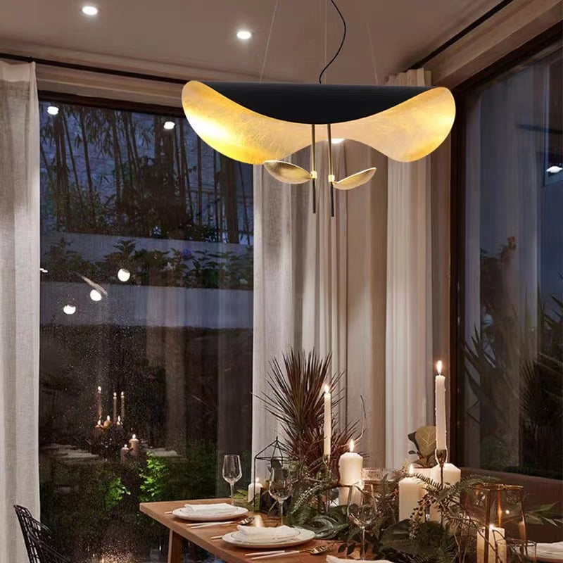 Modern Art Hat-Shaped Gold Leaf Metal Pendant Chandelier for Living and Dining Room
